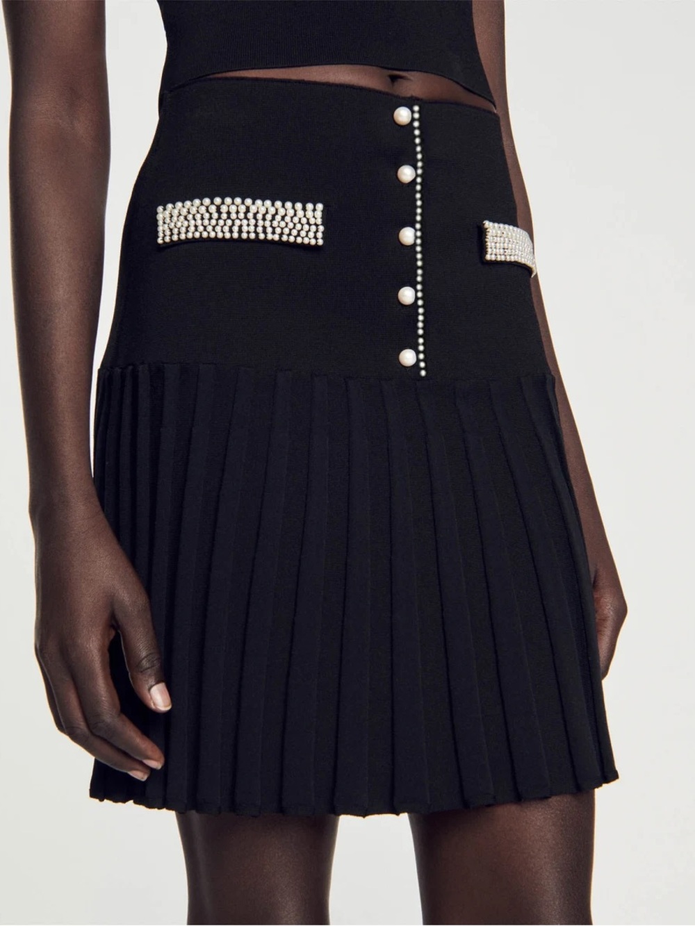 Sandro Black Pleated Mini Skirt with Pearl Buttons